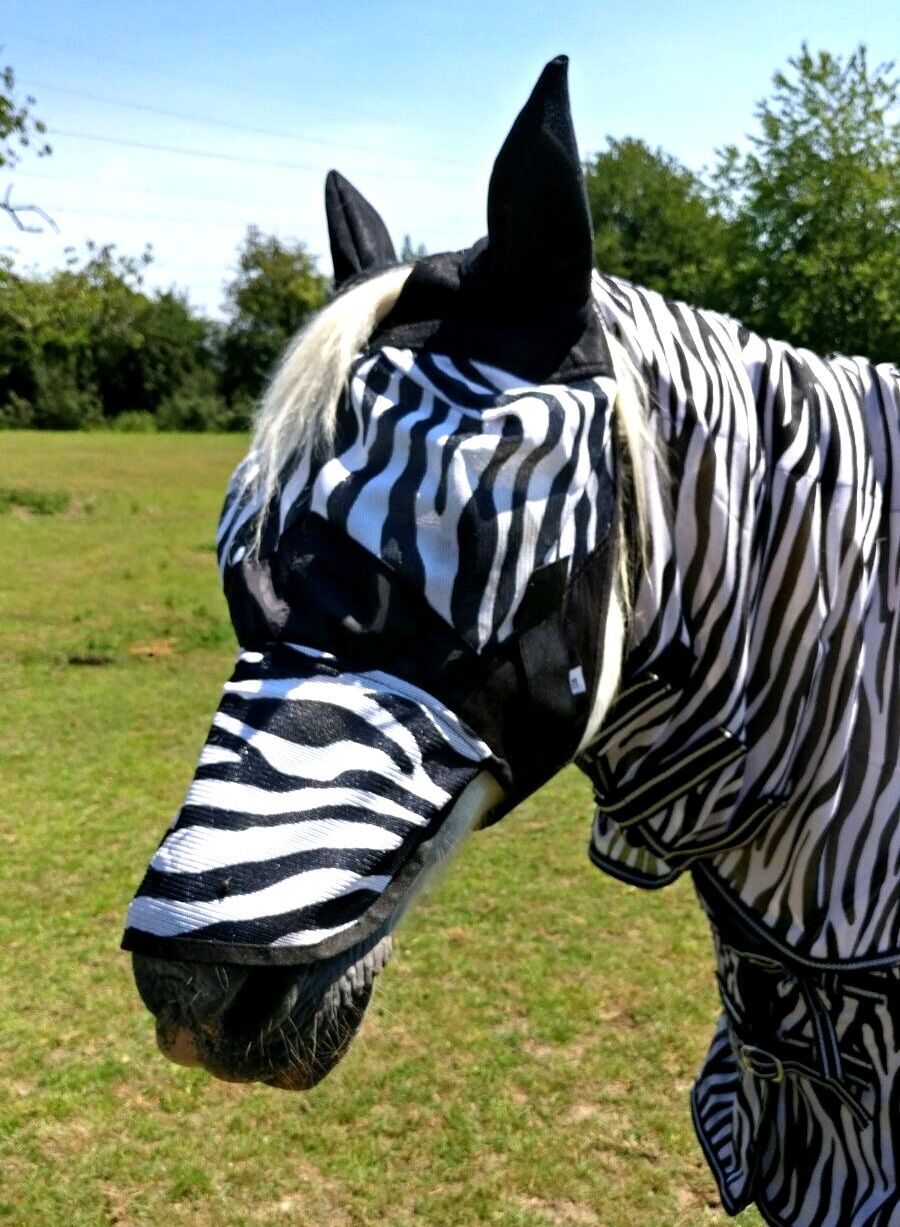New Fine Mesh Zebra Print Fly Mask Ears & Nose Full Face, UV Protection F/C/P