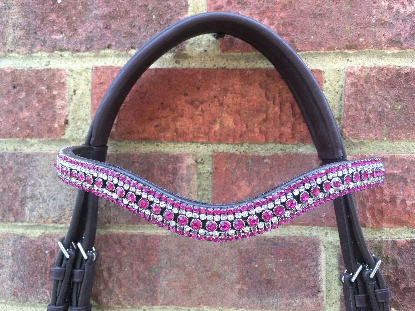 Cwell Equine Designer Snaffle Bridle Fuchsia Crystals 5 rows Brown Leather FULL