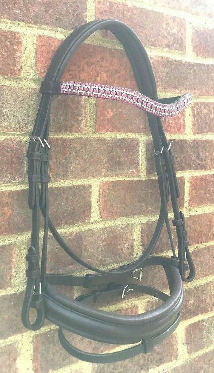 Cwell Equine Designer Snaffle Bridle Fuchsia Crystals 5 rows Brown Leather FULL