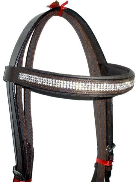 New Crystal Detail Cross Over Bitless Leather Bridle web grip reins FULL (Brown)