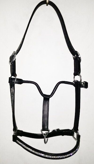 New Heavy Duty Leather Bling Crystal SHOW Halter - PONY Black