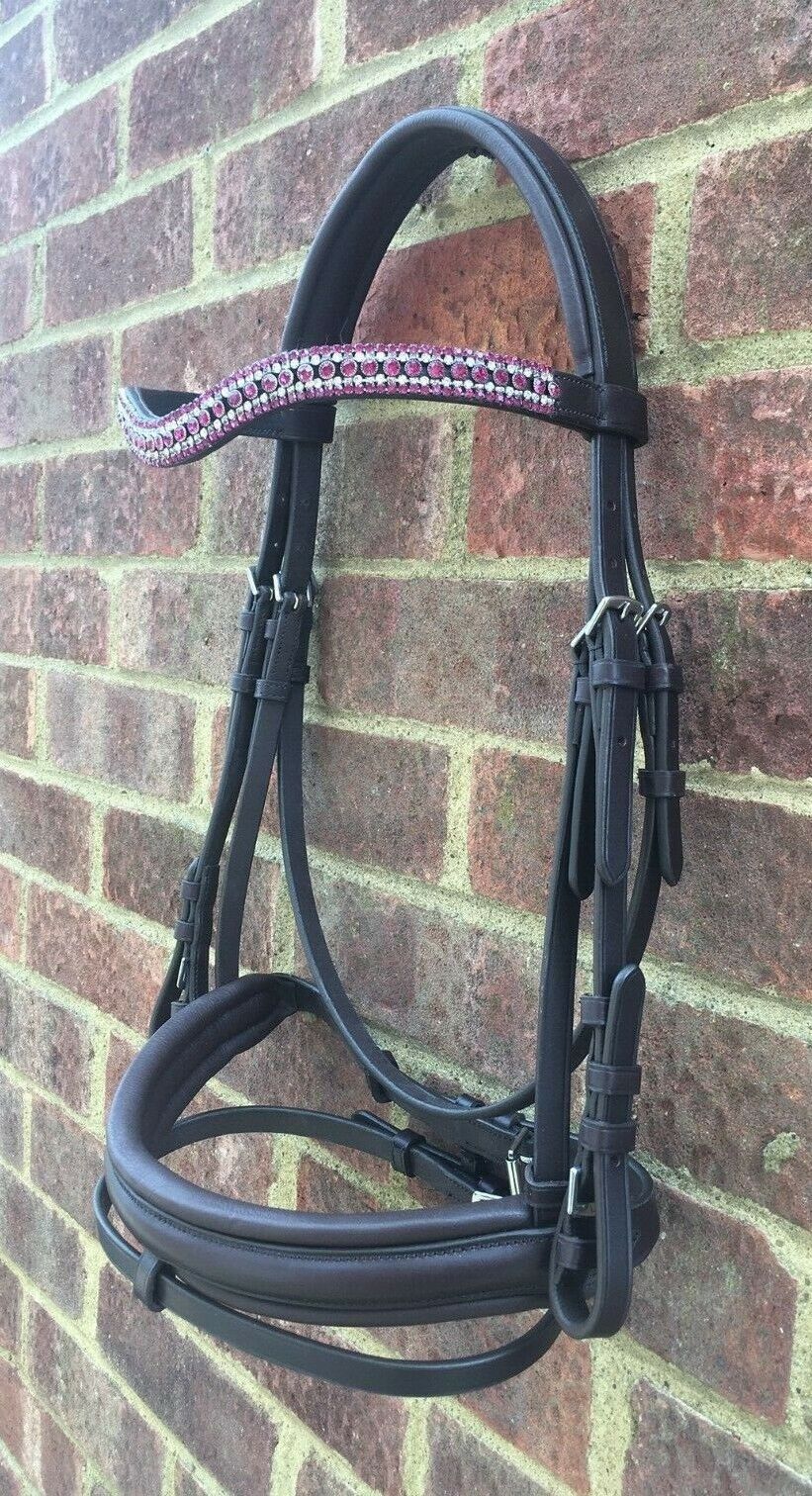 Cwell Equine Designer Snaffle Bridle Fuchsia Crystals 5 rows Brown Leather FULL