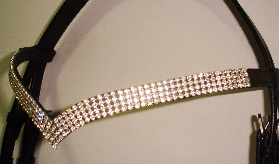 New Designer V Shaped 4 Rows Silver Crystal Browband Size - full ~ 16" BLACK