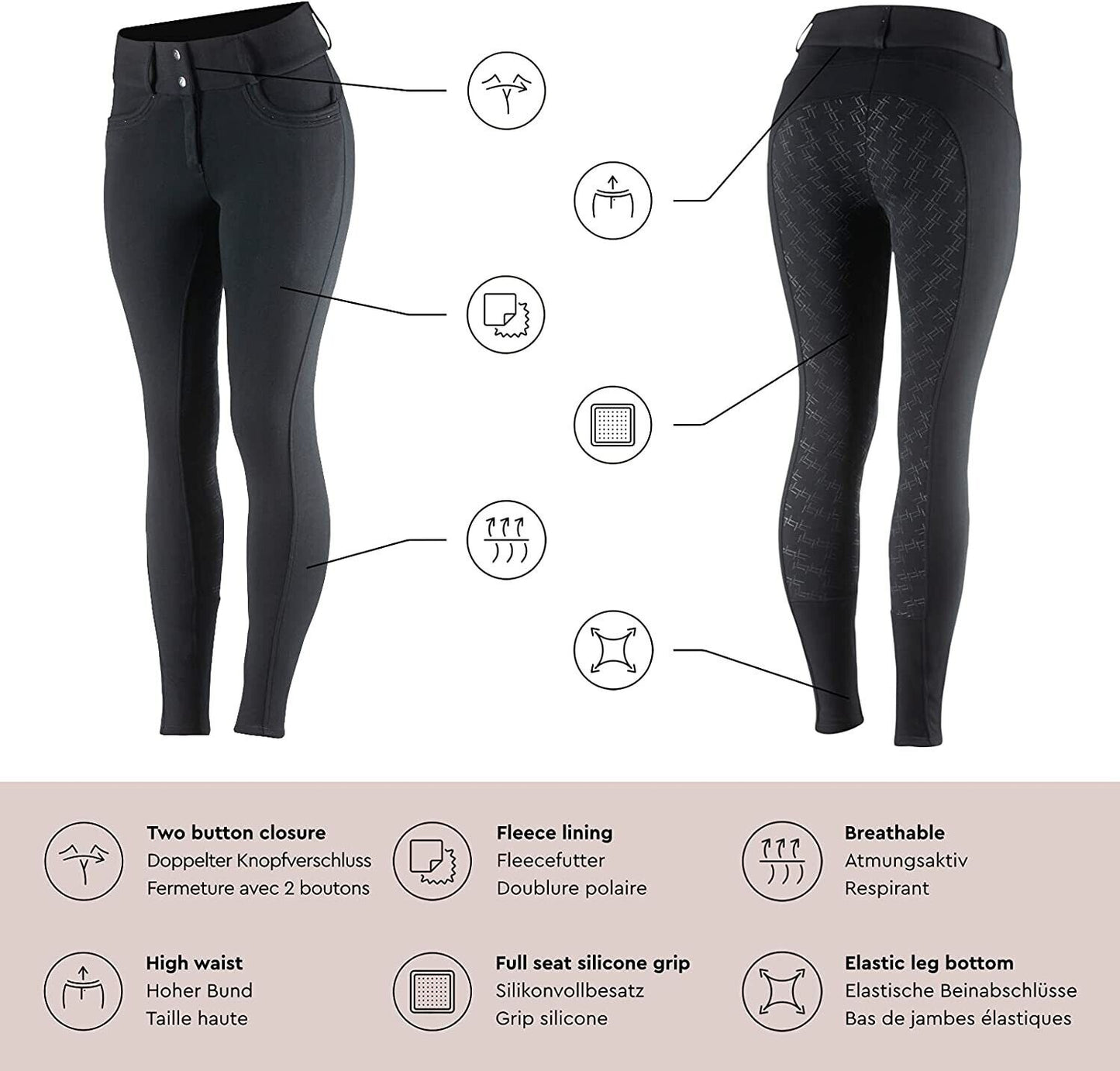 New Winter Horze Mia Thermo Silicone Seat Breeches, BLACK UK 14 EU 40 (36053)