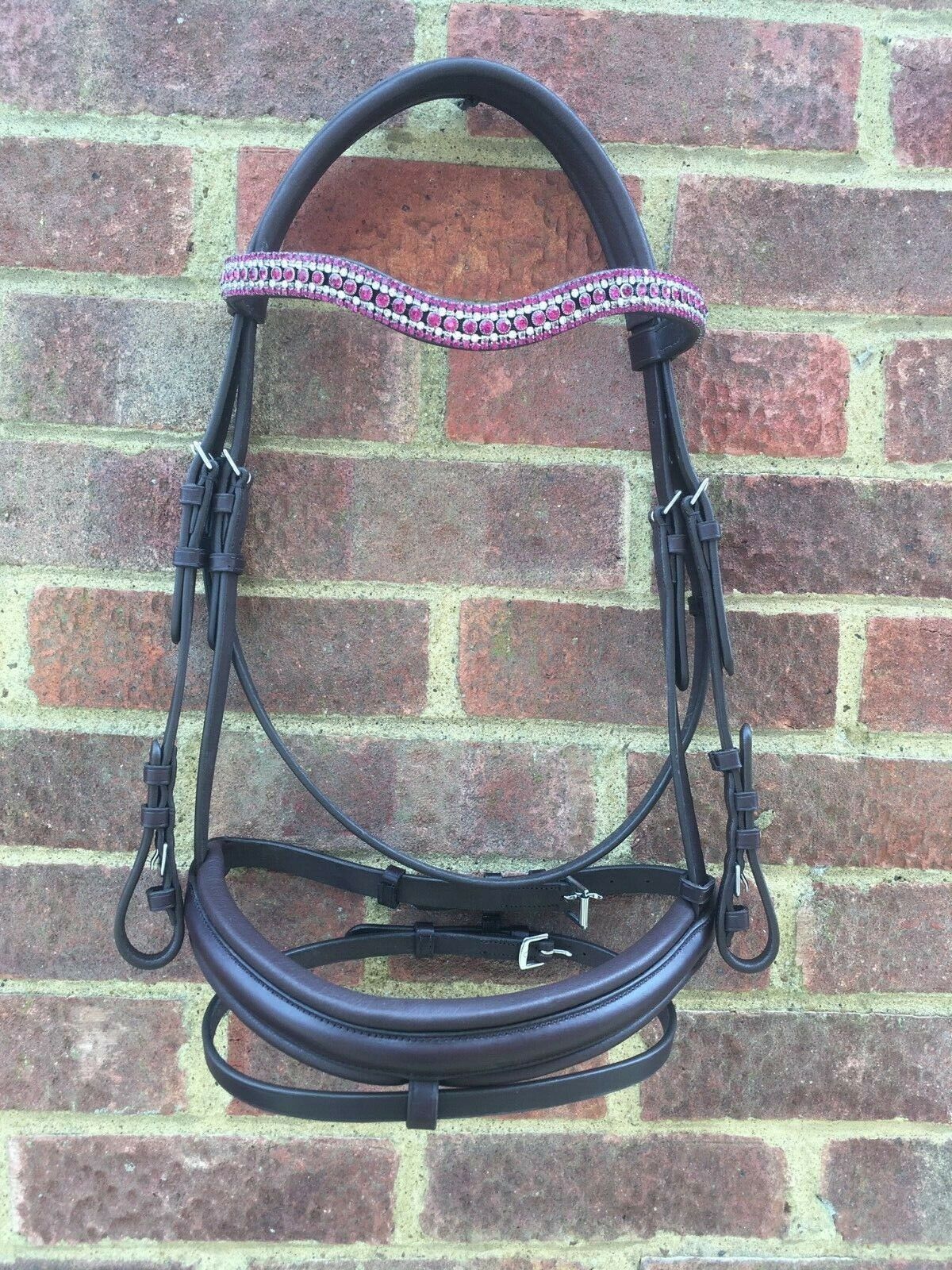 Cwell Equine Designer Snaffle Bridle Fuchsia Crystals 5 rows Brown Leather FULL