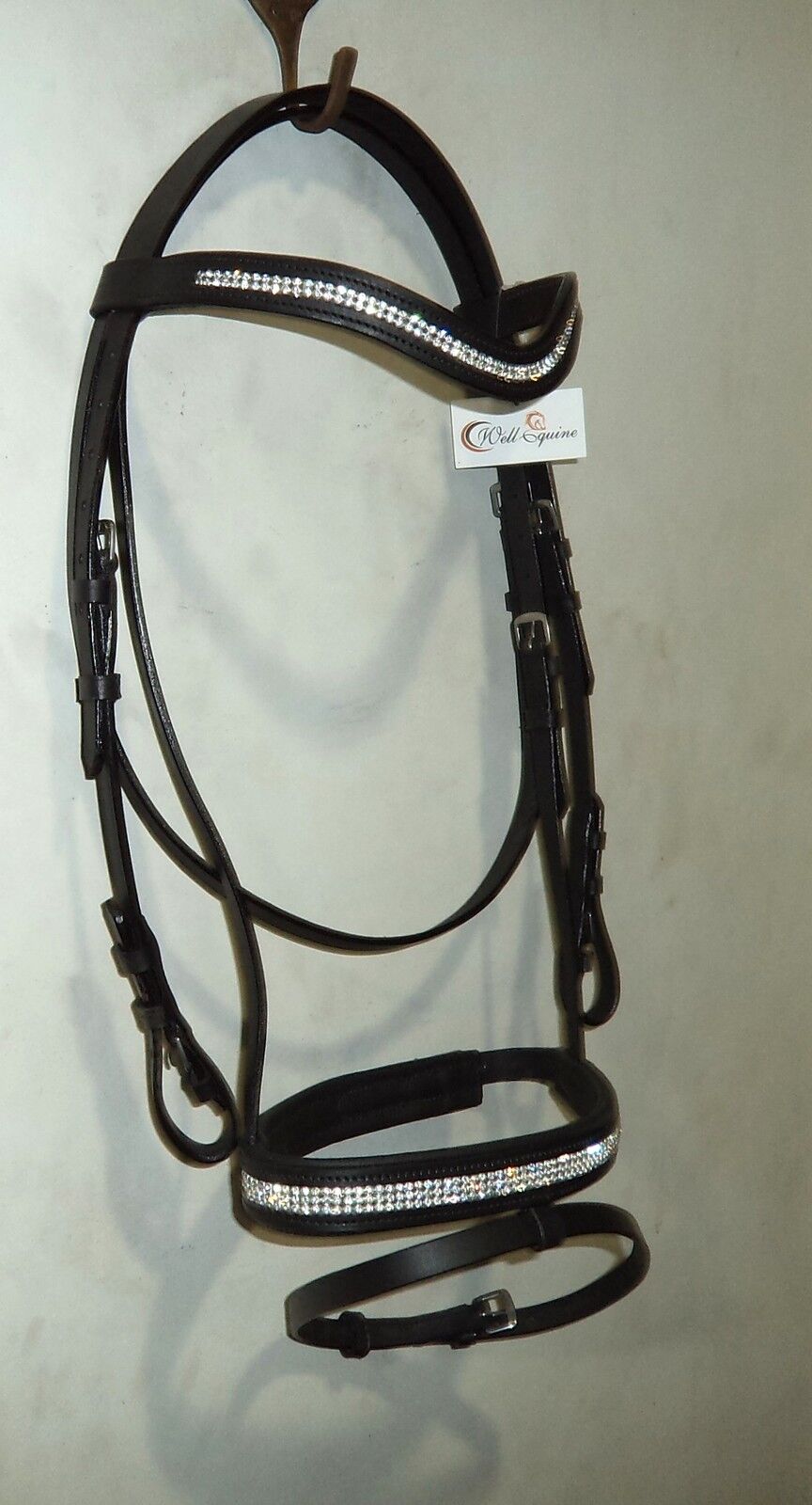 Designer U Shaped clear crystal browbands show bridle free reins Full Black