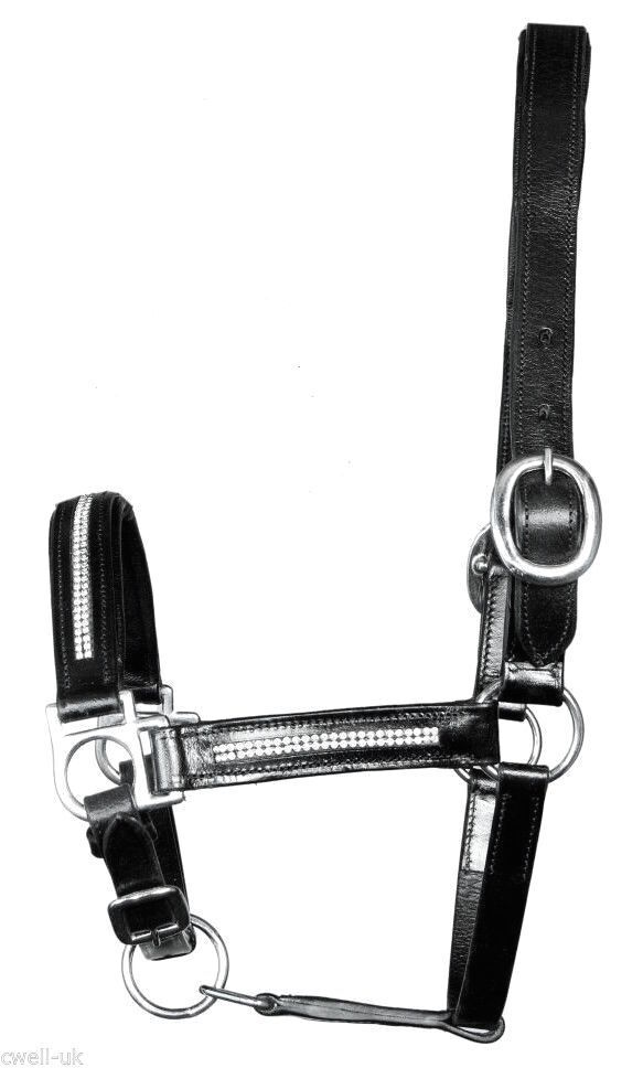 New Heavy Duty Leather Bling Crystal SHOW Halter - PONY Black