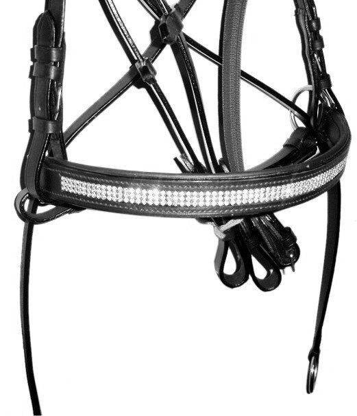 New Crystal Detail Cross Over Bitless Leather Bridle web grip reins FULL (Black)