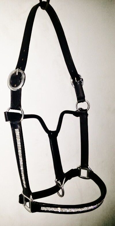 New Heavy Duty Leather Bling Crystal SHOW Halter - PONY Black