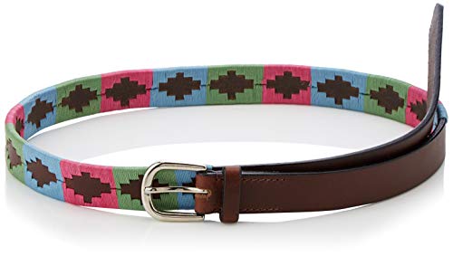 Cwell Equine Leather Hand Made Skinny Polo Belt - Embroidered/Stitching Detail BELT PINK/TURQUOISE/GREEN BROWN LEATHER