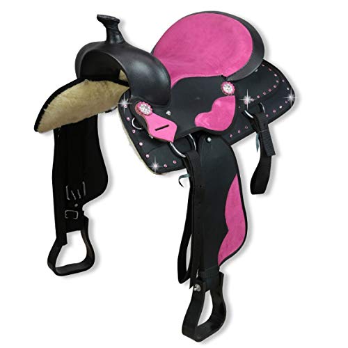 Cwell Equine Pink Embedded sparkling clear crystals Synthetic Western Saddle Set