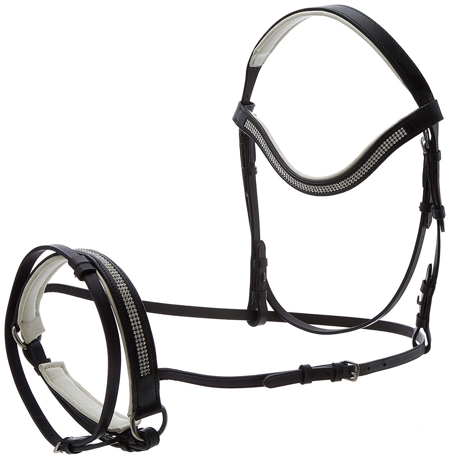 Cwell Equine Diamonte Leather Comfort Bridle With White Padding With Free Reins BLACK