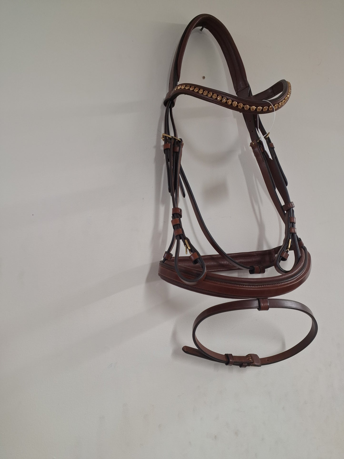 Cwell Equine English Leather Tobacco Brown Snaffle Bridle For Horse With Golden Crystal Browband FULL(1062-15-16)B1