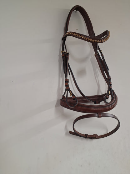 Cwell Equine English Leather Tobacco Brown Snaffle Bridle For Horse With Golden Crystal Browband FULL(1062-15-16)B1