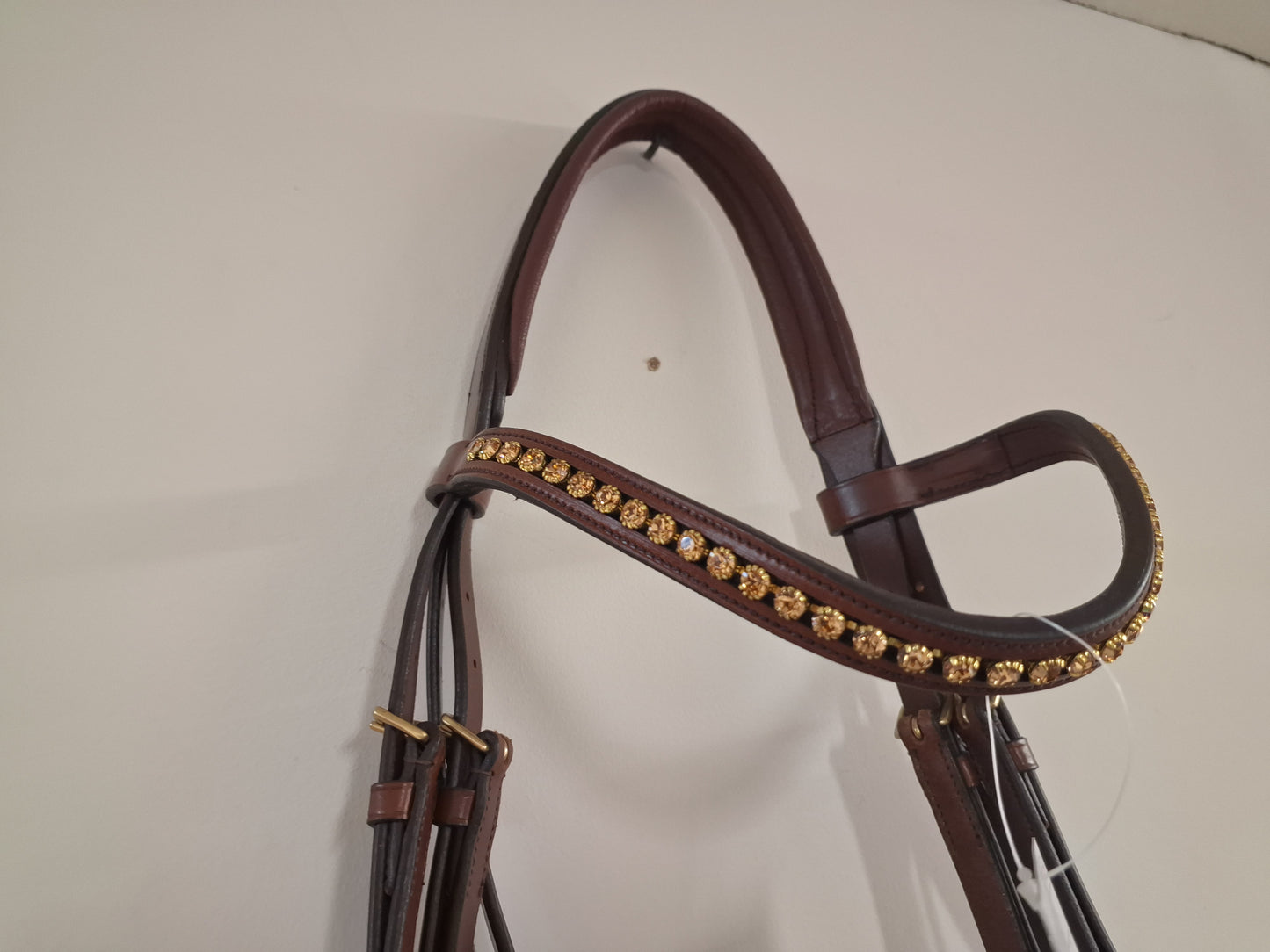 Cwell Equine English Leather Tobacco Brown Snaffle Bridle For Horse With Golden Crystal Browband FULL(1062-15-16)B1
