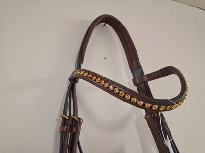 Cwell Equine English Leather Tobacco Brown Snaffle Bridle For Horse With Golden Crystal Browband FULL(1062-15-16)B1