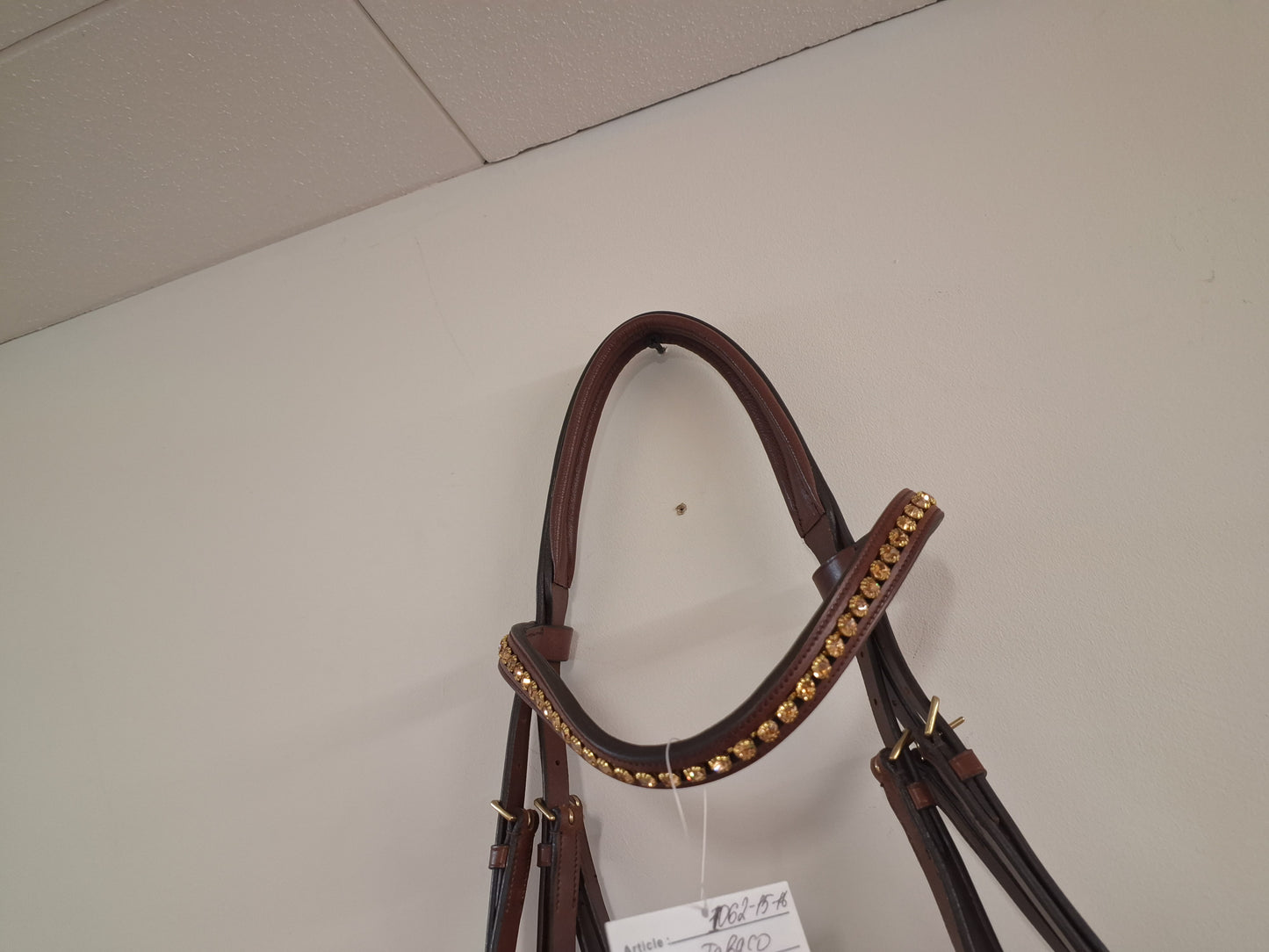 Cwell Equine English Leather Tobacco Brown Snaffle Bridle For Horse With Golden Crystal Browband FULL(1062-15-16)B1