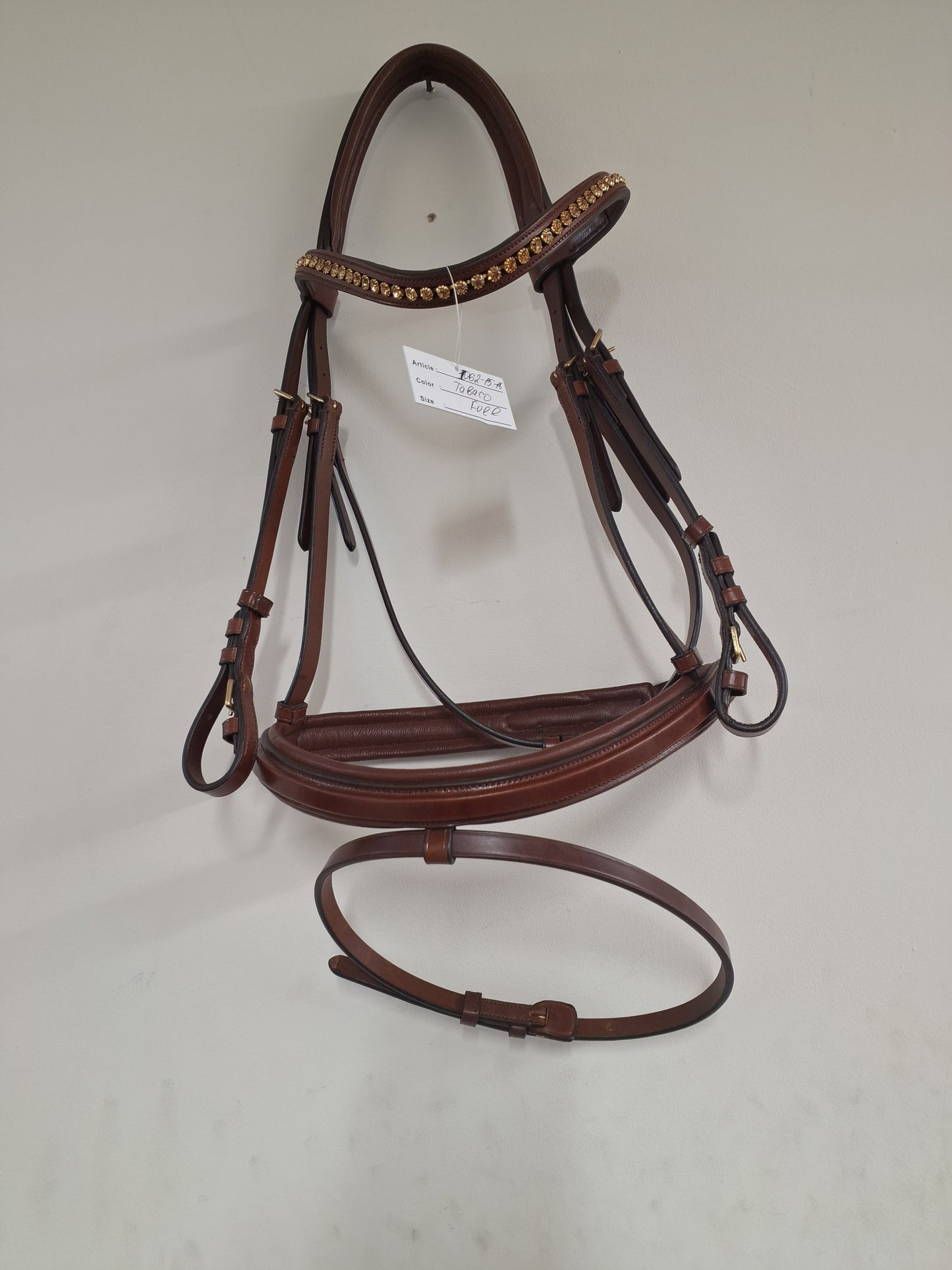 Cwell Equine English Leather Tobacco Brown Snaffle Bridle For Horse With Golden Crystal Browband FULL(1062-15-16)B1
