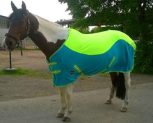 Load image into Gallery viewer, NEW TWO/TONE color horse/cob/pony SHOW FLEECE RUGS lime Green/Turquoise 3&#39;6&quot;-4&#39;9
