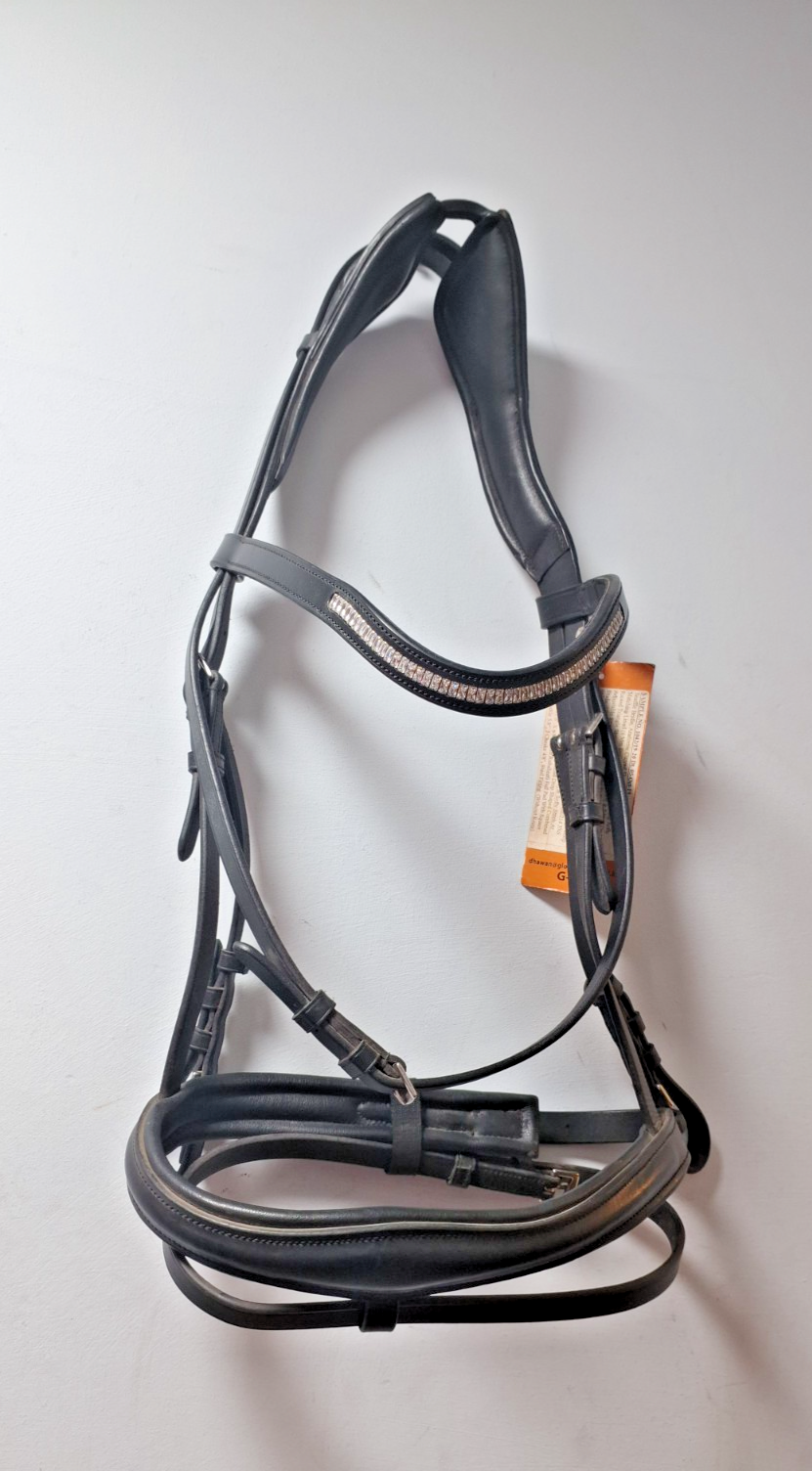 NEW  English Leather Clear CRYSTAL BRIDLE SNAFFLE BRIDLE full Black (1042-19) B32