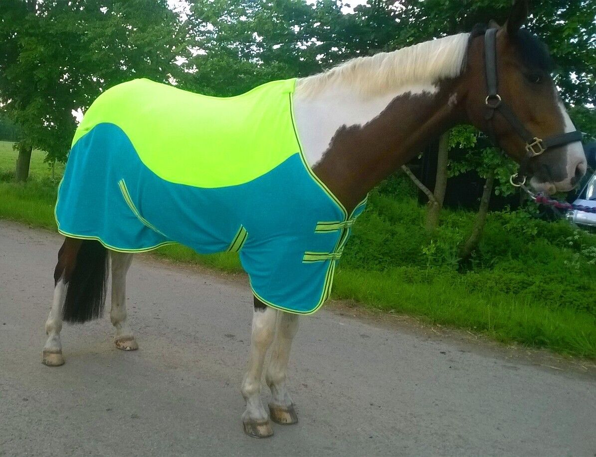 NEW TWO/TONE color horse/cob/pony SHOW FLEECE RUGS lime Green/Turquoise 3'6"-4'9