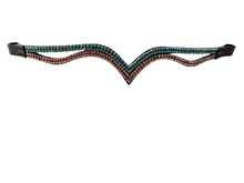Load image into Gallery viewer, New  (V) Shaped sparky two tone pink/turquoise Crystal Browband Black PONY 14&quot;
