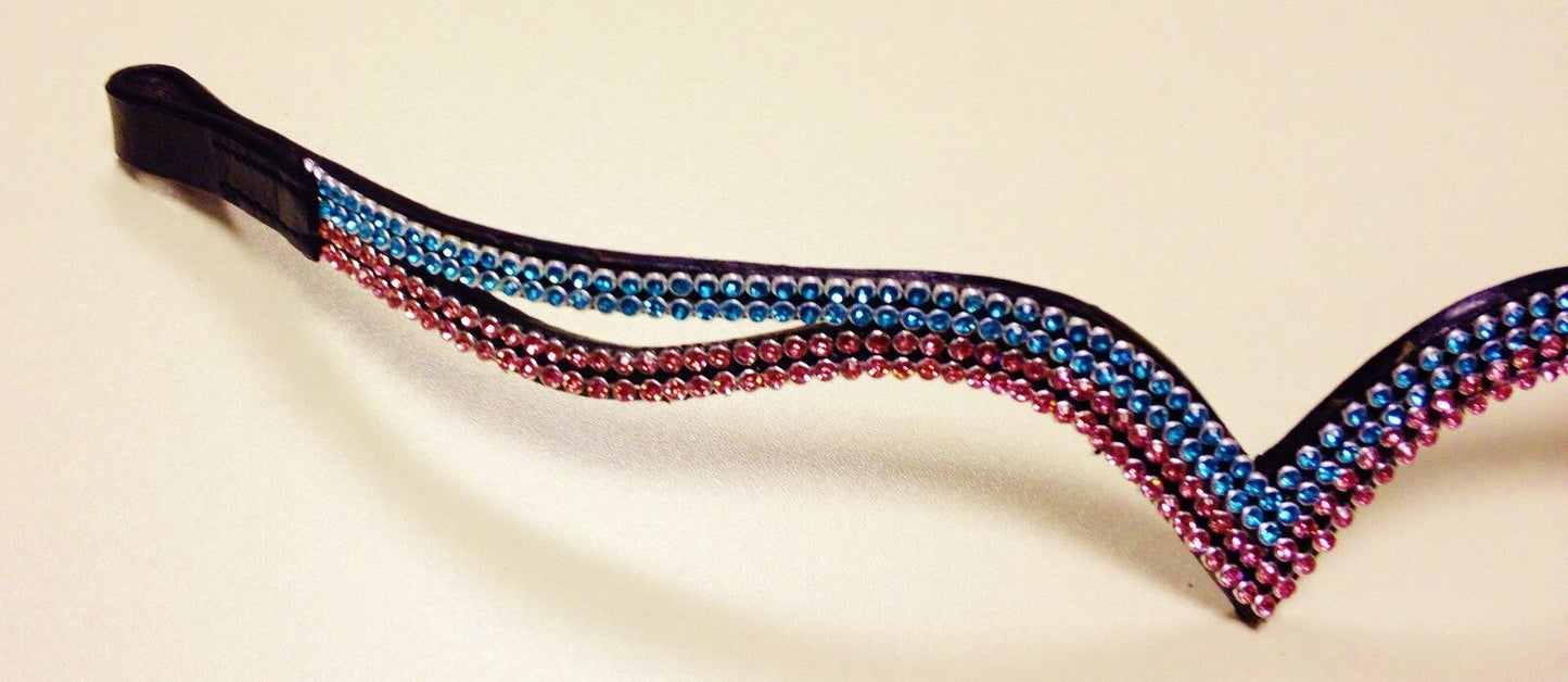 New  (V) Shaped sparky two tone pink/turquoise Crystal Browband full - 16" Brown