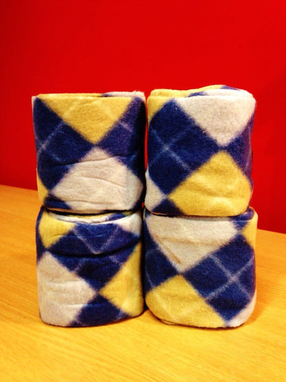 New set of 4 horse/cob/pony fleece bandages 4" wide & 3 meters BLUE/YELLOW CHEK