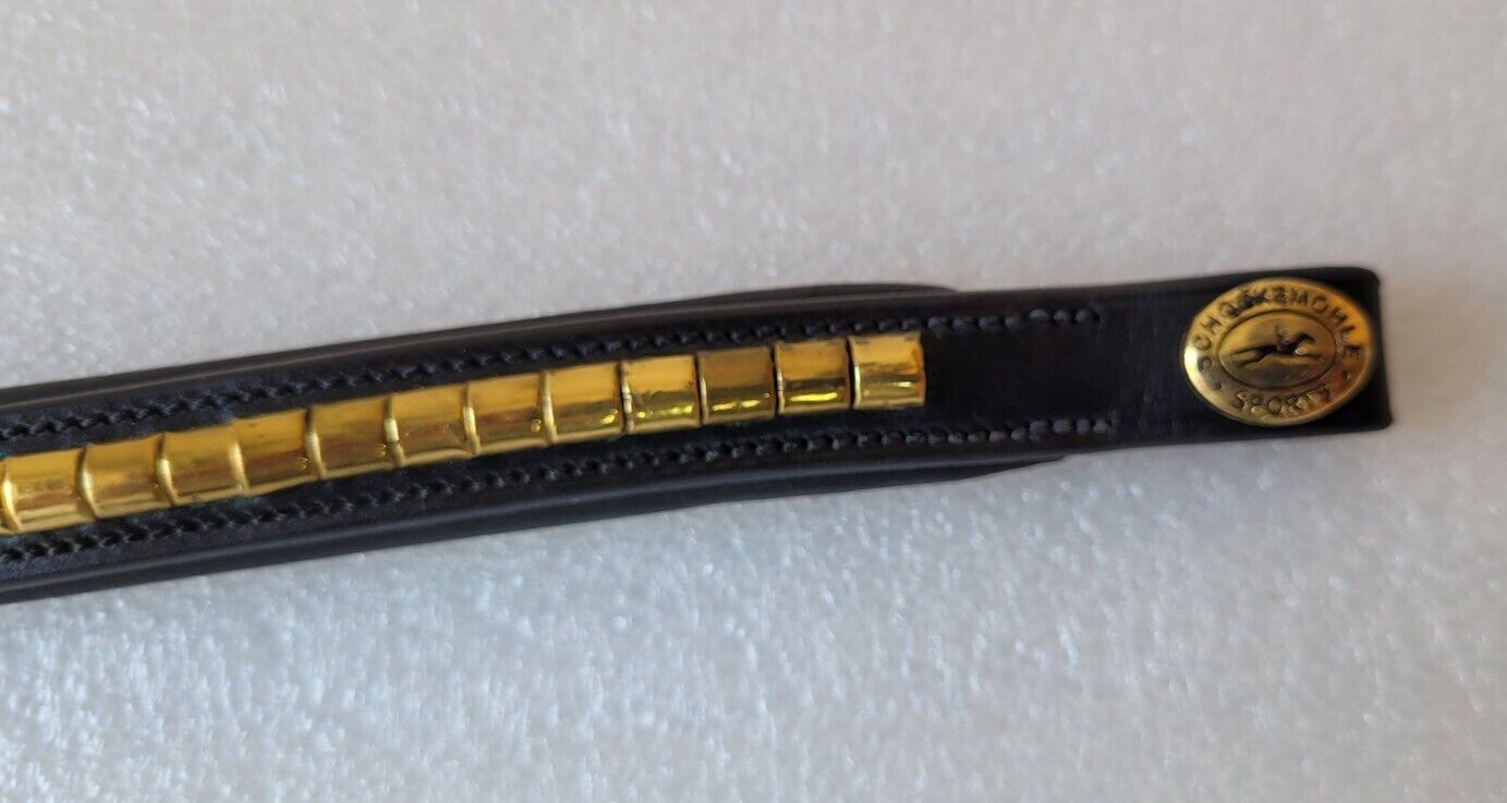Schockemohle sports  Black Leather Curved Brass Clincher Browband, Black, (FULL)