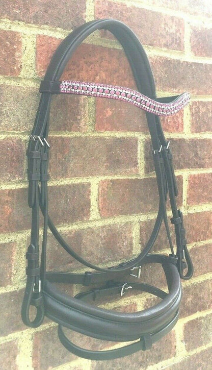 Cwell Equine Designer Snaffle Bridle Fuchsia Crystals 5 rows Brown Leather FULL
