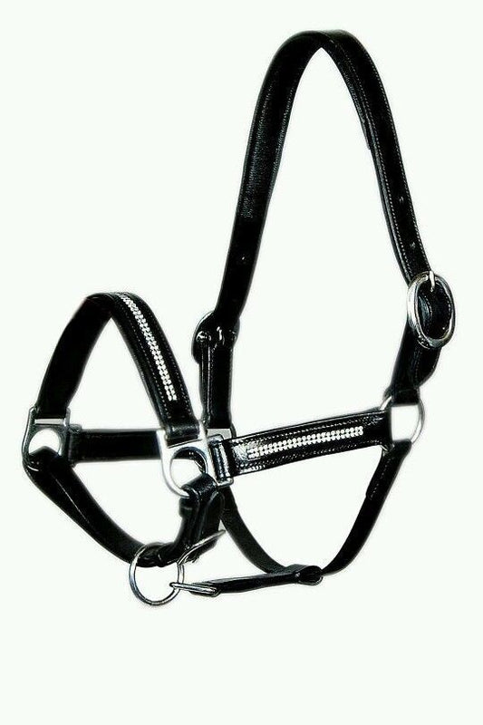 New Heavy Duty Leather Bling Crystal SHOW Halter - FULL Black