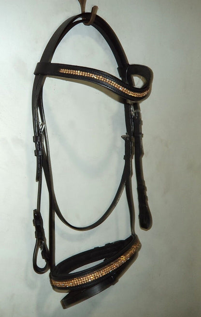 Designer "U" Golden crystal bridle + crystal noseband & Browband  PONY Black