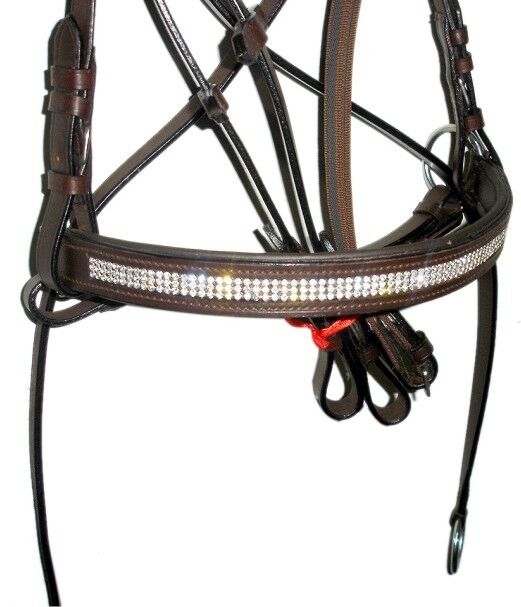 New Crystal Detail Cross Over Bitless Leather Bridle web grip reins cob (Brown)