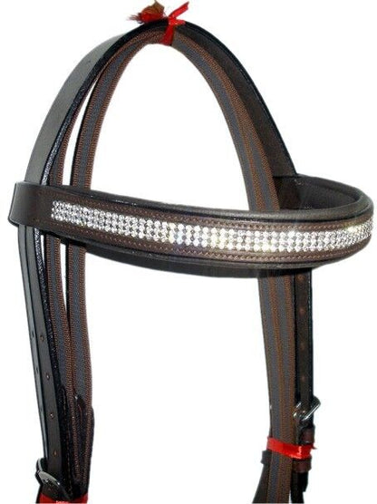 New Crystal Detail Cross Over Bitless Leather Bridle web grip reins FULL (Brown)
