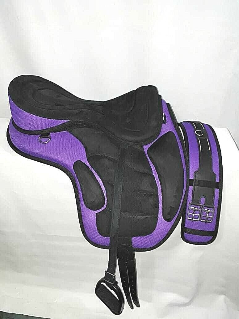 New Synthetic All Purpose Treeless Saddle BLACK/PURPLE  16"+ free Girth Stirrups