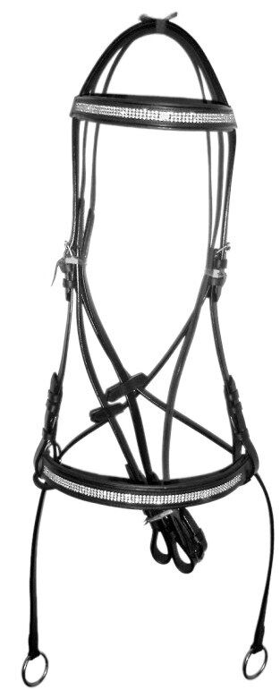 New Crystal Detail Cross Over Bitless Leather Bridle web grip reins FULL (Black)