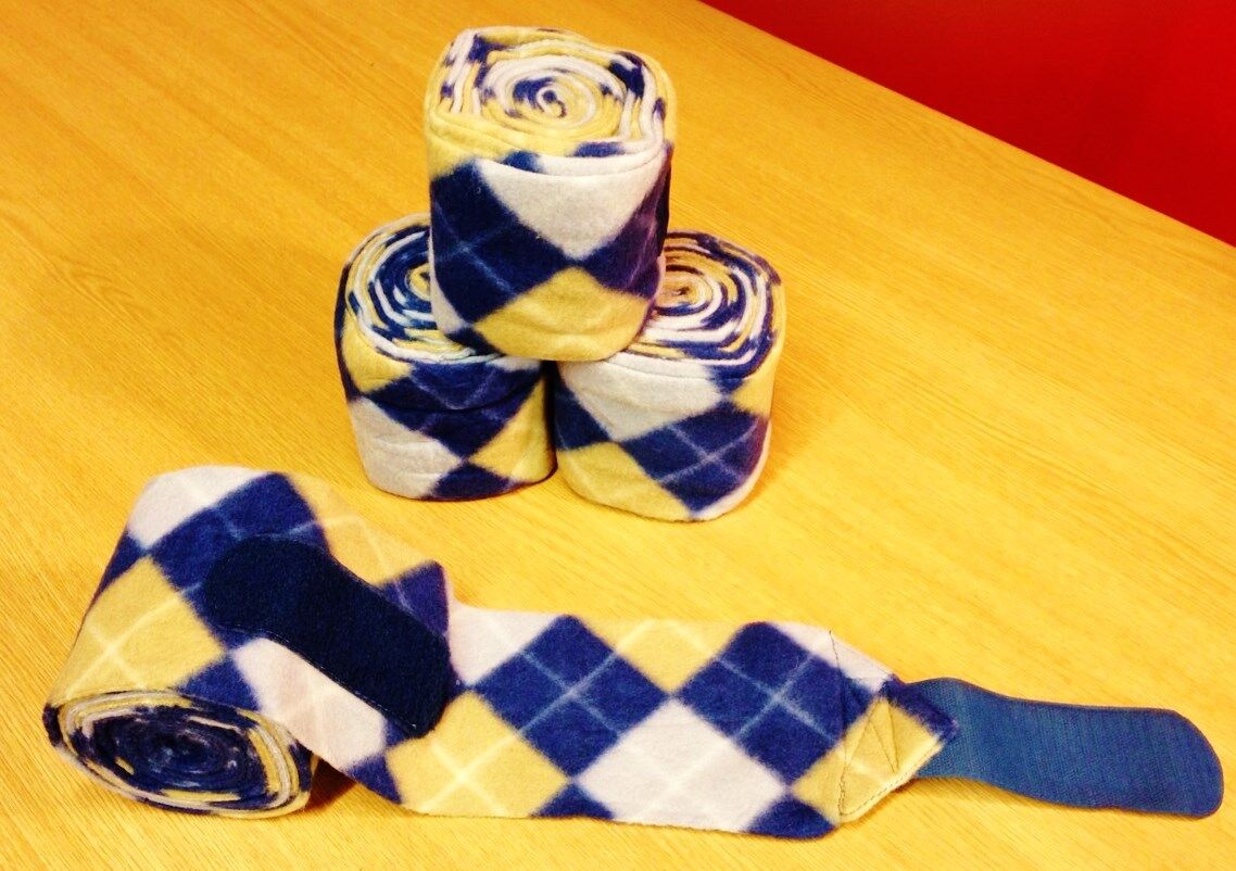 New set of 4 horse/cob/pony fleece bandages 4" wide & 3 meters BLUE/YELLOW CHEK