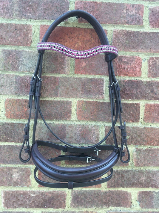 Cwell Equine Designer Snaffle Bridle Fuchsia Crystals 5 rows Brown Leather FULL