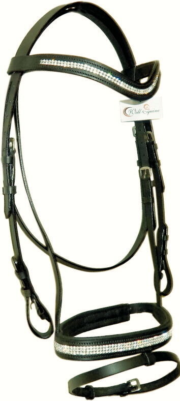 Designer U Shaped clear crystal browbands show bridle free reins Full Black