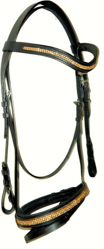 Designer "U" Golden crystal bridle + crystal noseband & Browband  PONY Black