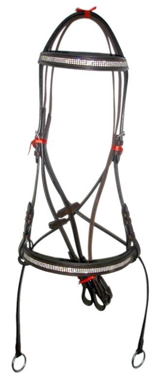 New Crystal Detail Cross Over Bitless Leather Bridle web grip reins FULL (Brown)
