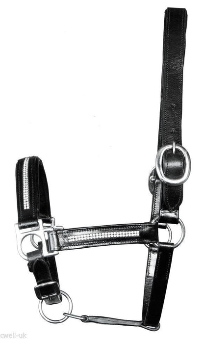 New Heavy Duty Leather Bling Crystal SHOW Halter  - PONY Black