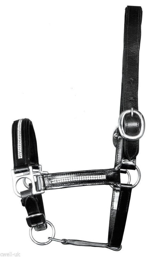 New Heavy Duty Leather Bling Crystal SHOW Halter  - PONY Black