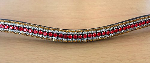 BLING!*Dressage*Mega-Sparkly Leather Browband*5-Row Crystals RED/CLEAR & GOLDEN CRYSTALS BLACK LEATHER F/C/P