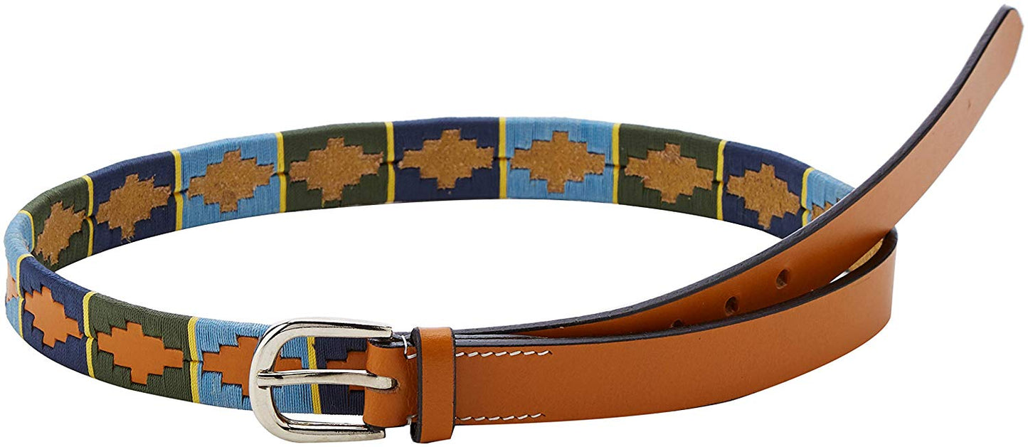 Cwell Equine Leather Hand Made Skinny Polo Belt - Embroidered/Stitching Detail BELT Blue/Green/Turquoise Tan Brown Leather