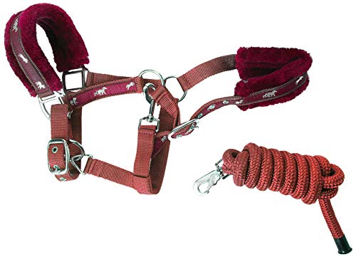 Cwell Equine NEW Horse print fur padded headcollars halter + matching lead BURGUNDY