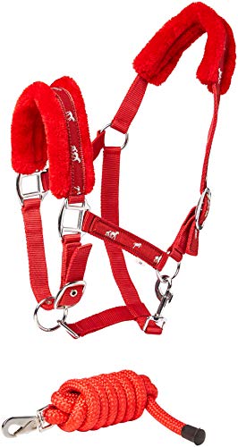 Cwell Equine NEW Horse print fur padded headcollars halter + matching lead RED Choice of Sizes