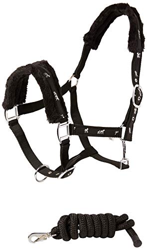 Cwell Equine NEW Horse print fur padded headcollars halter + matching lead Set BLACK FULL/COB/PONY