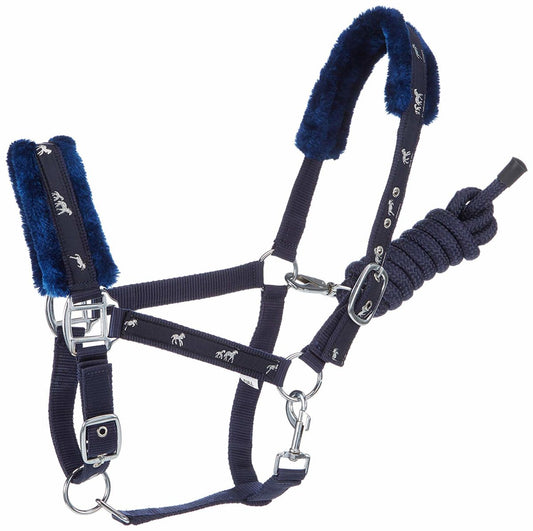 Cwell Equine NEW Horse print fur padded headcollars halter + matching lead set NAVY FULL/COB/PONY