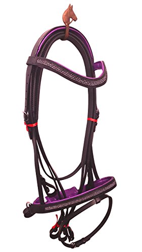 Cwell Equine New Padded Bling Diamante Leather Bridles with Rubber Grip Reins Black with Purple crystals F/C/P